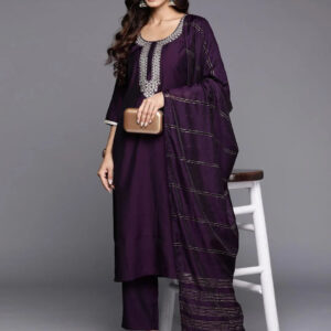purple embroidered silk blend straight set