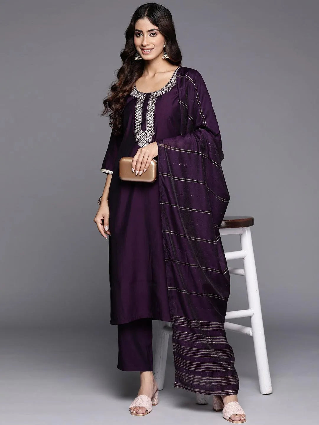 purple embroidered silk blend straight set