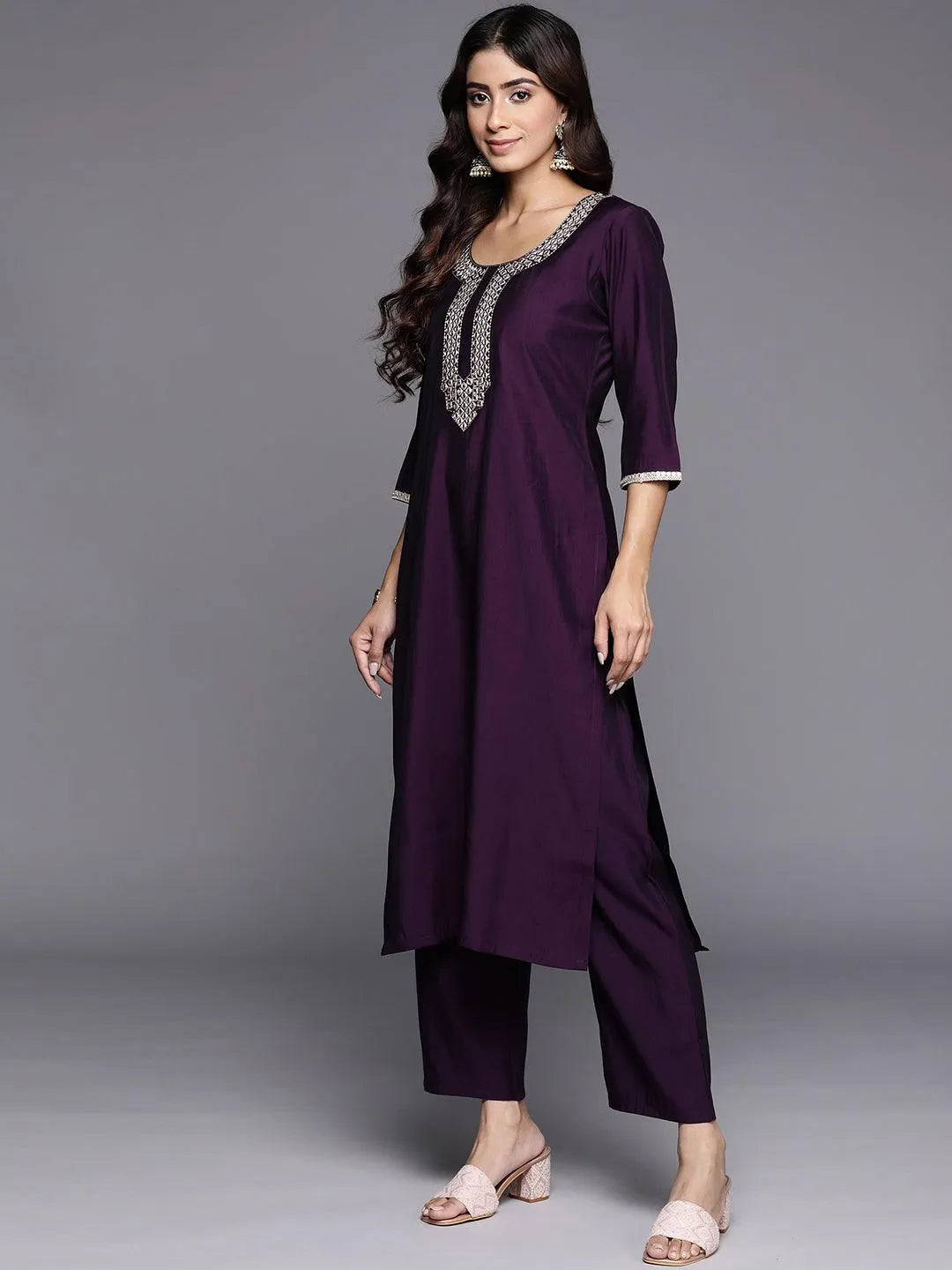purple embroidered silk blend straight set