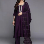purple embroidered silk blend straight set