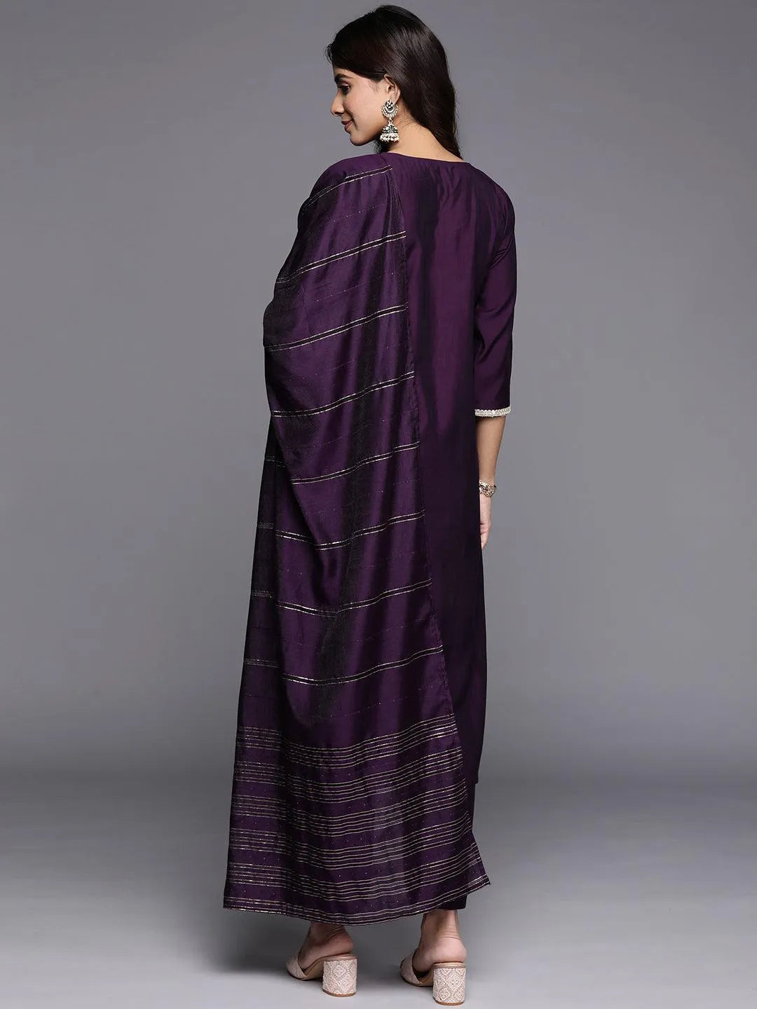 purple embroidered silk blend straight set
