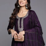purple embroidered silk blend straight set