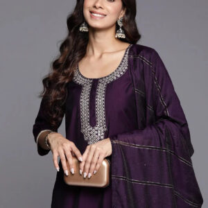 Home purple embroidered silk blend straight set