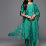 green solid silk blend straight set