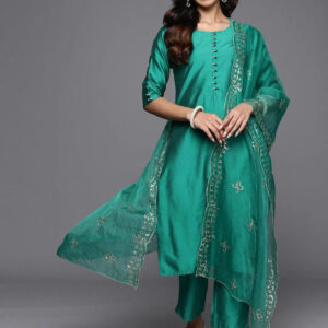 green solid silk blend straight set
