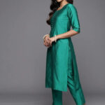 green solid silk blend straight set