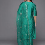 green solid silk blend straight set