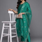 green solid silk blend straight set